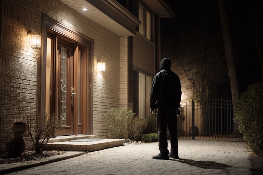 Burglars wearing black jackets and caps are standing outside a home