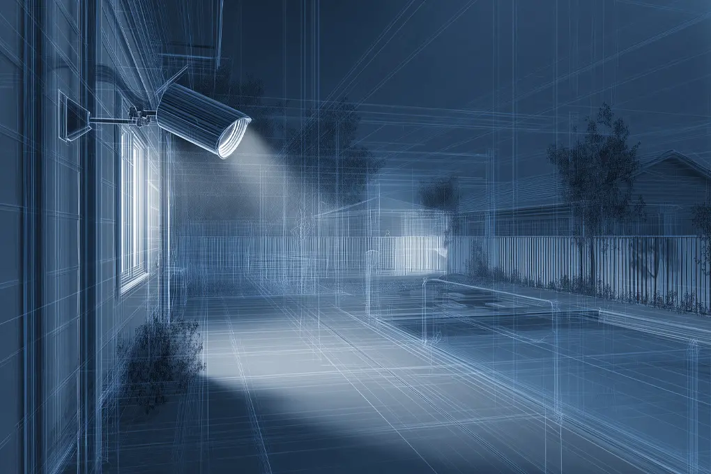 Outdoor security lights illuminate the outside of the home, providing clear visibility