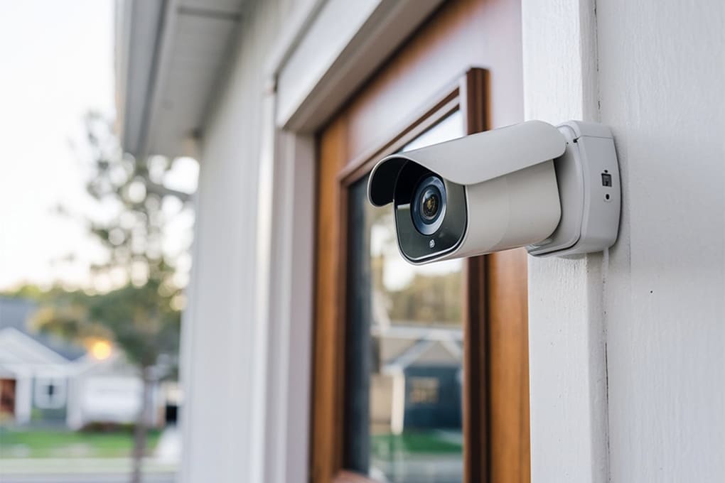 A traditional security camera is set outside the house