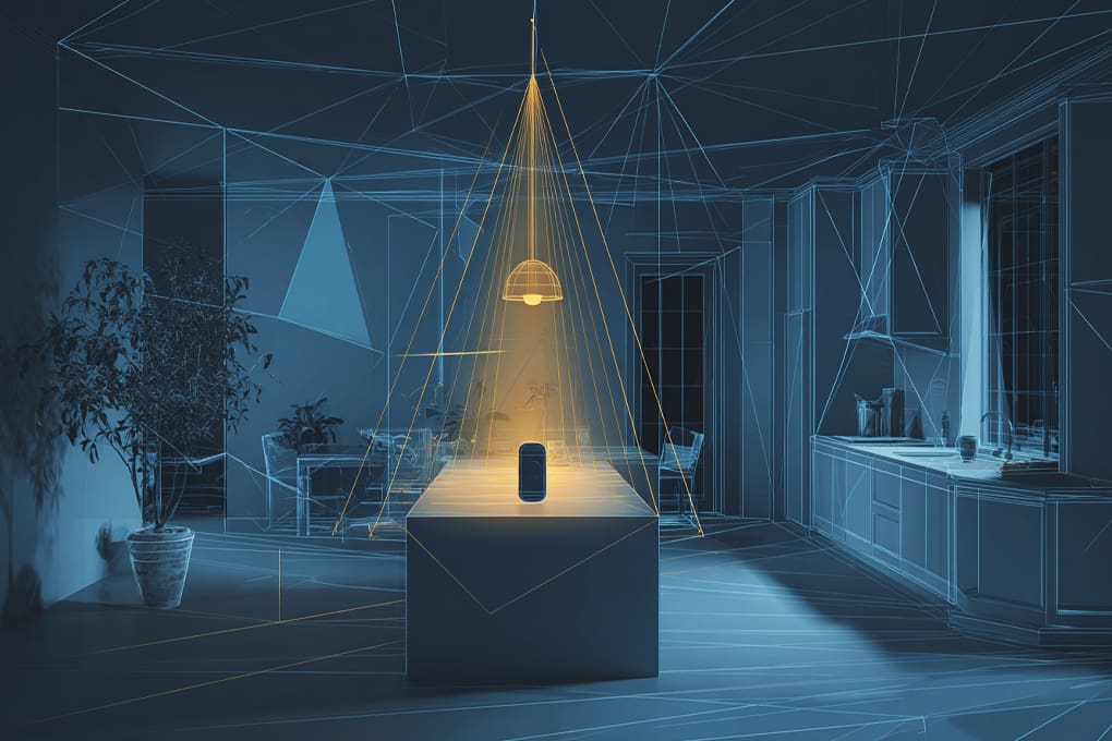 X-ray vision of a modern kitchen with a smart home sensor under a lamp